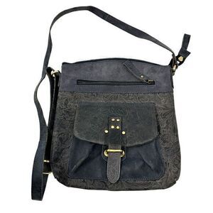 Western Style Boho Dark Grey Leather Cross Body‎ Gold Hardware Purse Bag